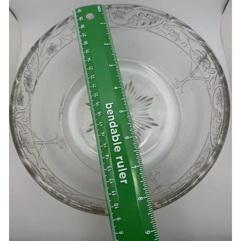 VTG Manganese Clear Pressed Glass Bowl Floral Vine Starburst Base UV Glow 9.5